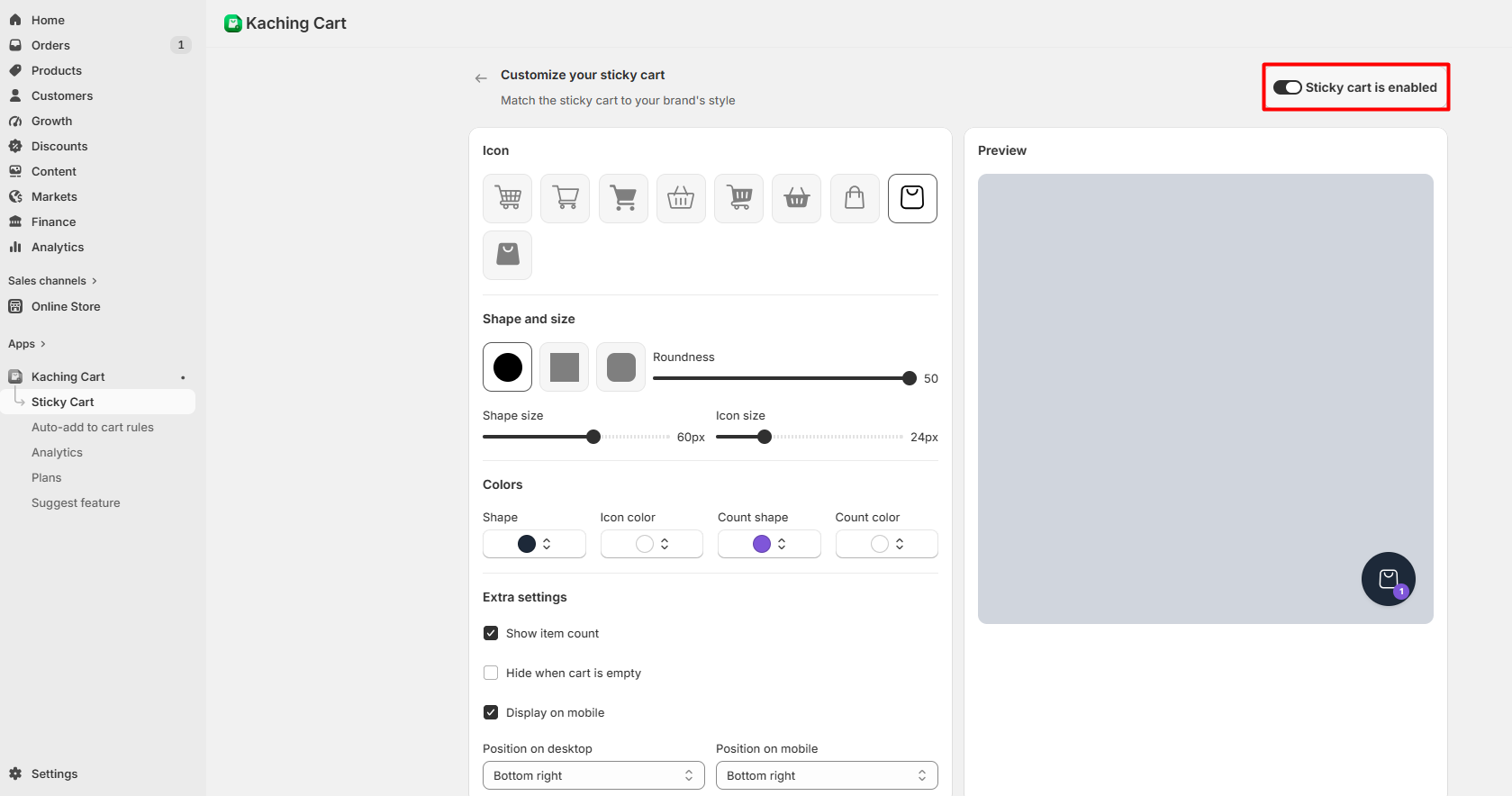 Kaching Sticky Cart editor showing icon, color, size, and position settings
