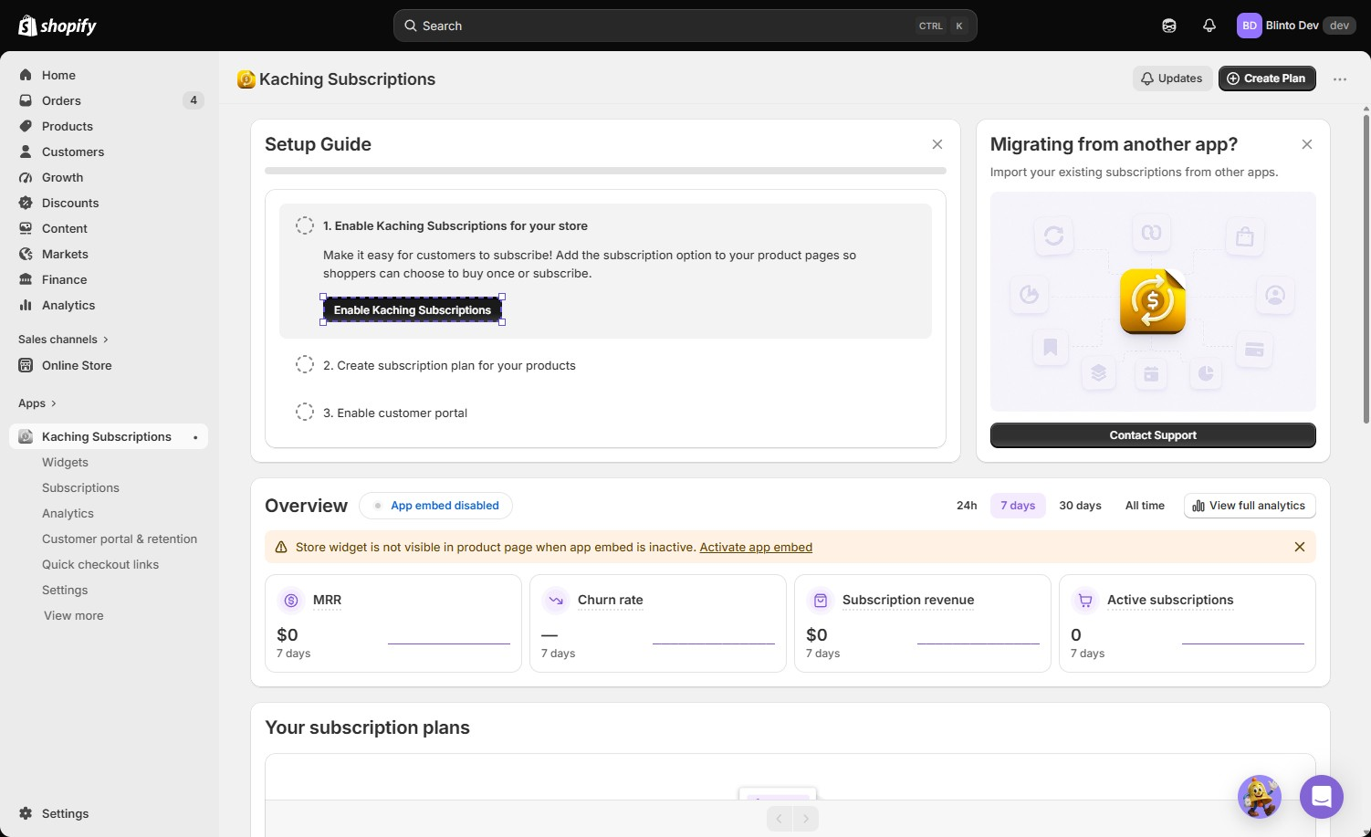 Kaching Subscriptions dashboard showing the Setup Guide, zero-value analytics cards, and a warning that the storefront widget is inactive