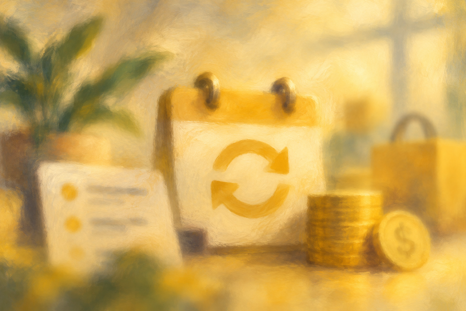 A recurring-order calendar and stacked coins painted in warm gold tones, evoking a subscription plan waiting to go live