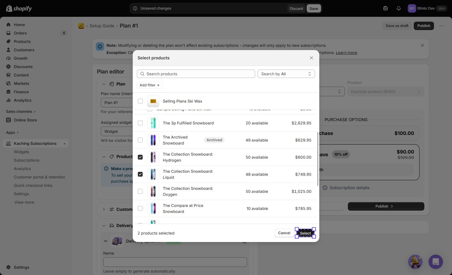 Kaching Subscriptions plan editor showing two selected products, monthly delivery, and a live preview of the one-time versus Subscribe and Save price