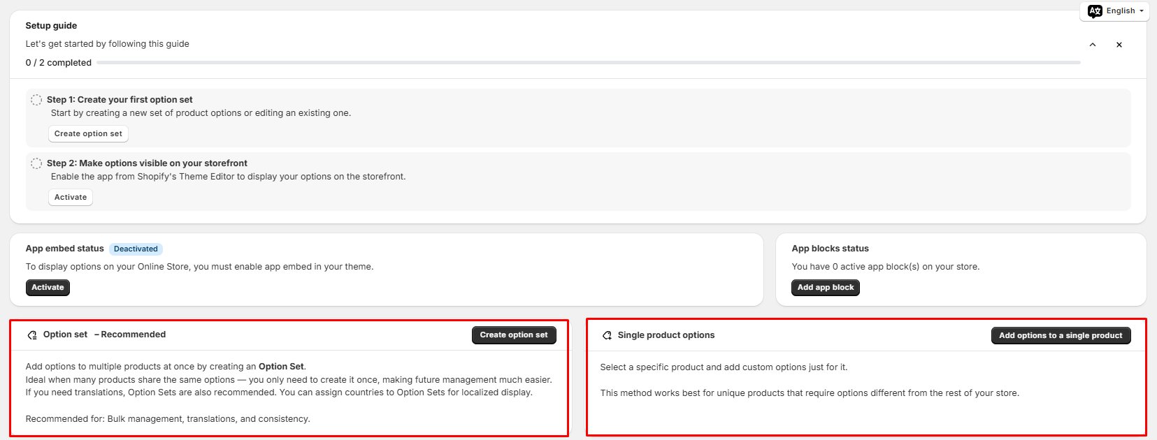 King Product Options dashboard with a two-step setup guide, app embed and app block status, Option set and Single product options cards, and video tutorials