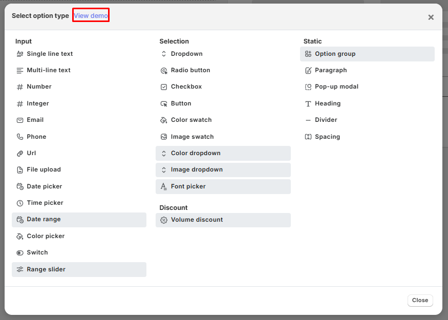 King Product Options Select option type window listing Input, Selection, Static, and Discount option types