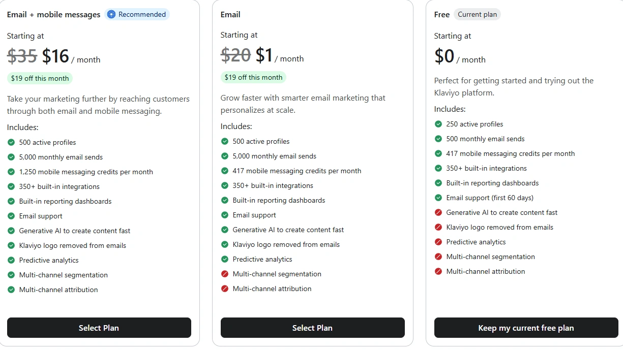 Klaviyo pricing screen