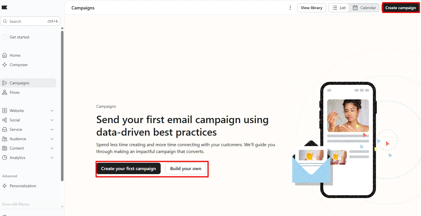 Klaviyo Campaigns screen