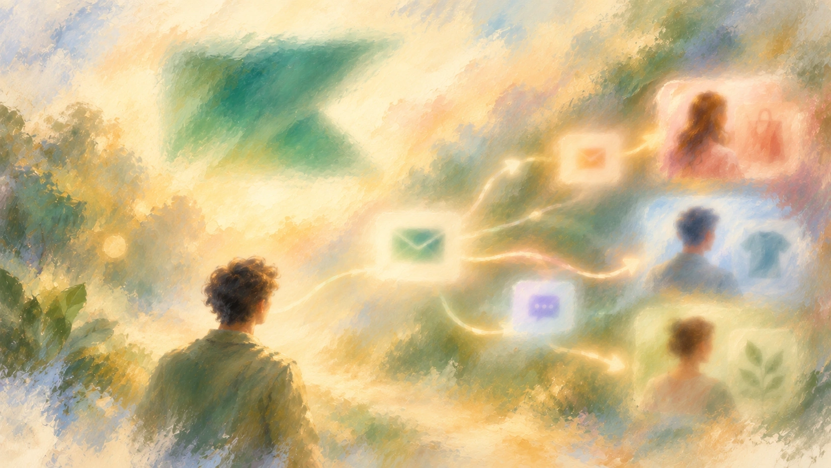 A soft painterly scene of connected customer journeys beneath a hazy green Klaviyo-inspired sky emblem.