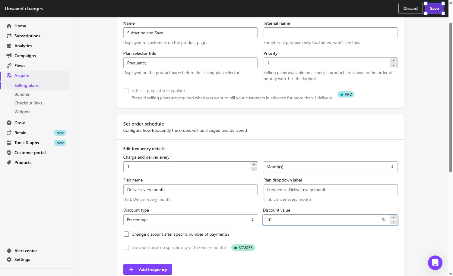 The saved Loop plan with a 10% percentage discount, and two controls greyed out behind PRO and STARTER plan badges