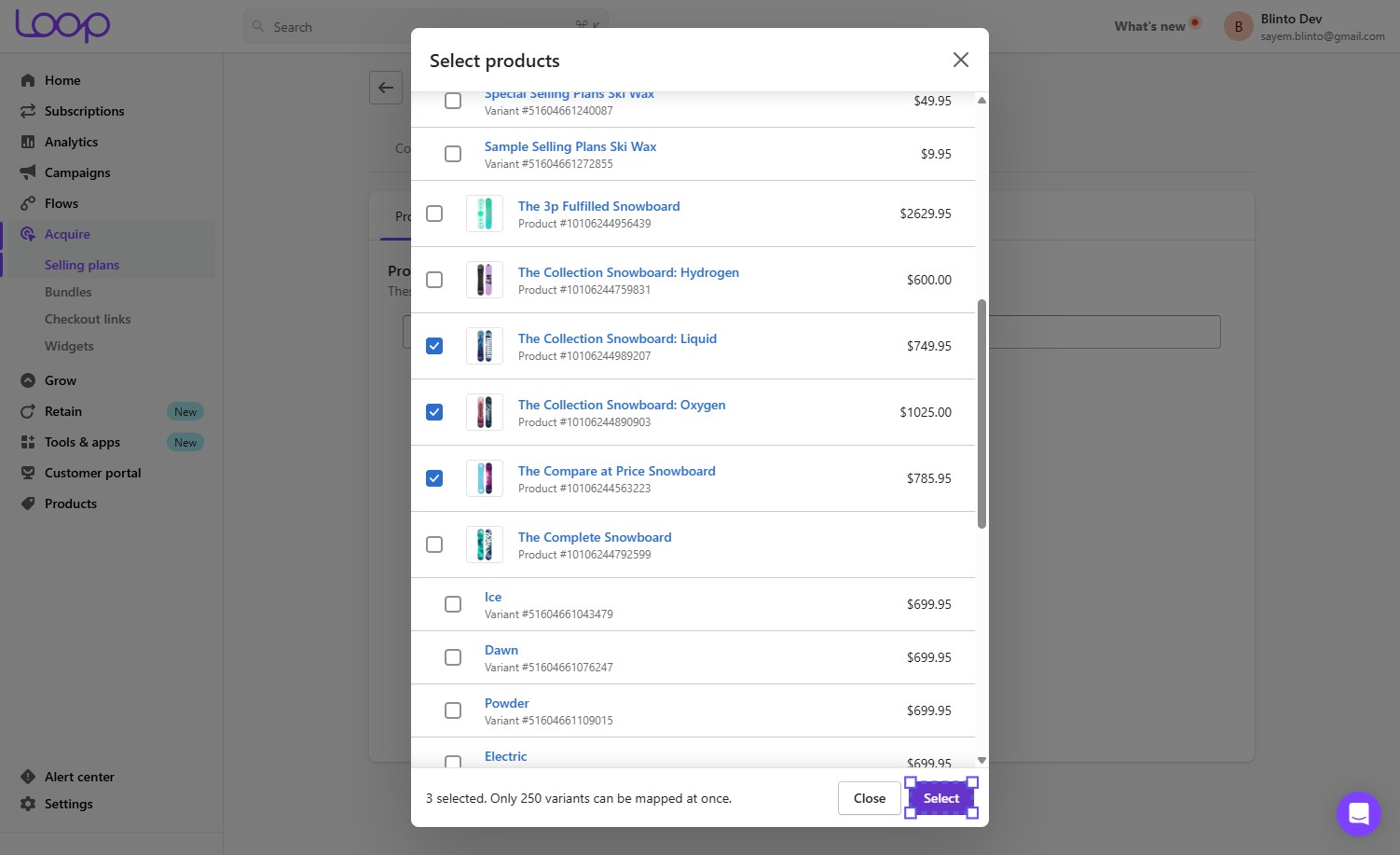 The Loop product selection modal with three products chosen and a 250-variant limit stated in the footer