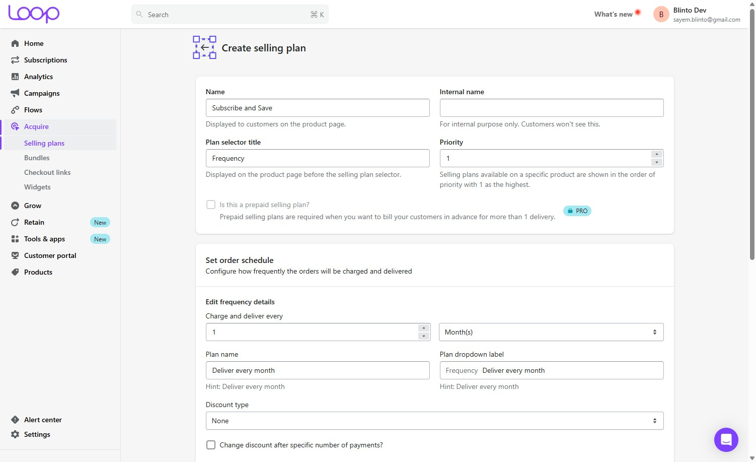 The Loop selling plan form with the plan name, priority, and a monthly charge-and-deliver schedule