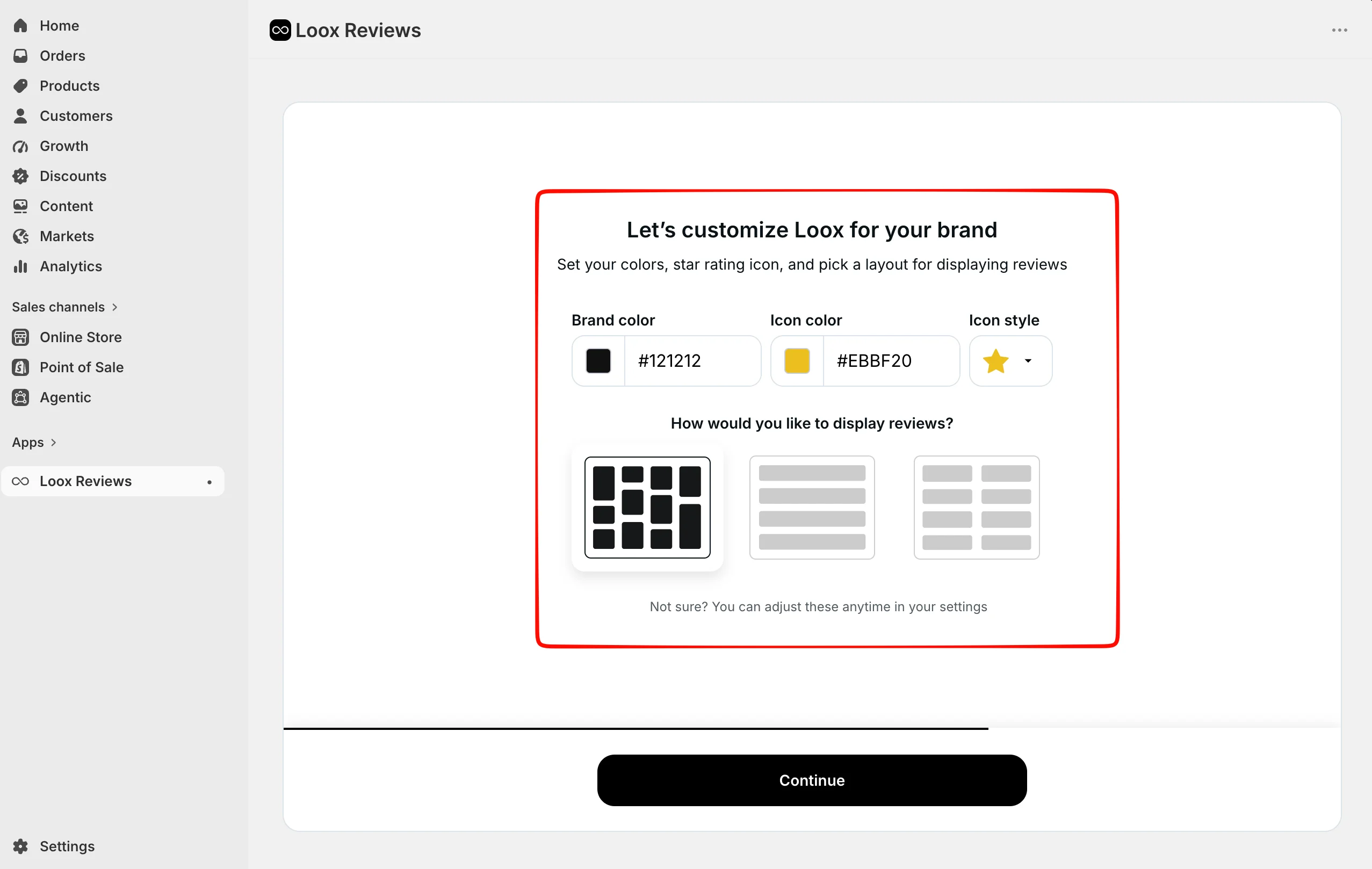 Loox onboarding with brand color, rating-icon color, icon style, and three review-layout choices