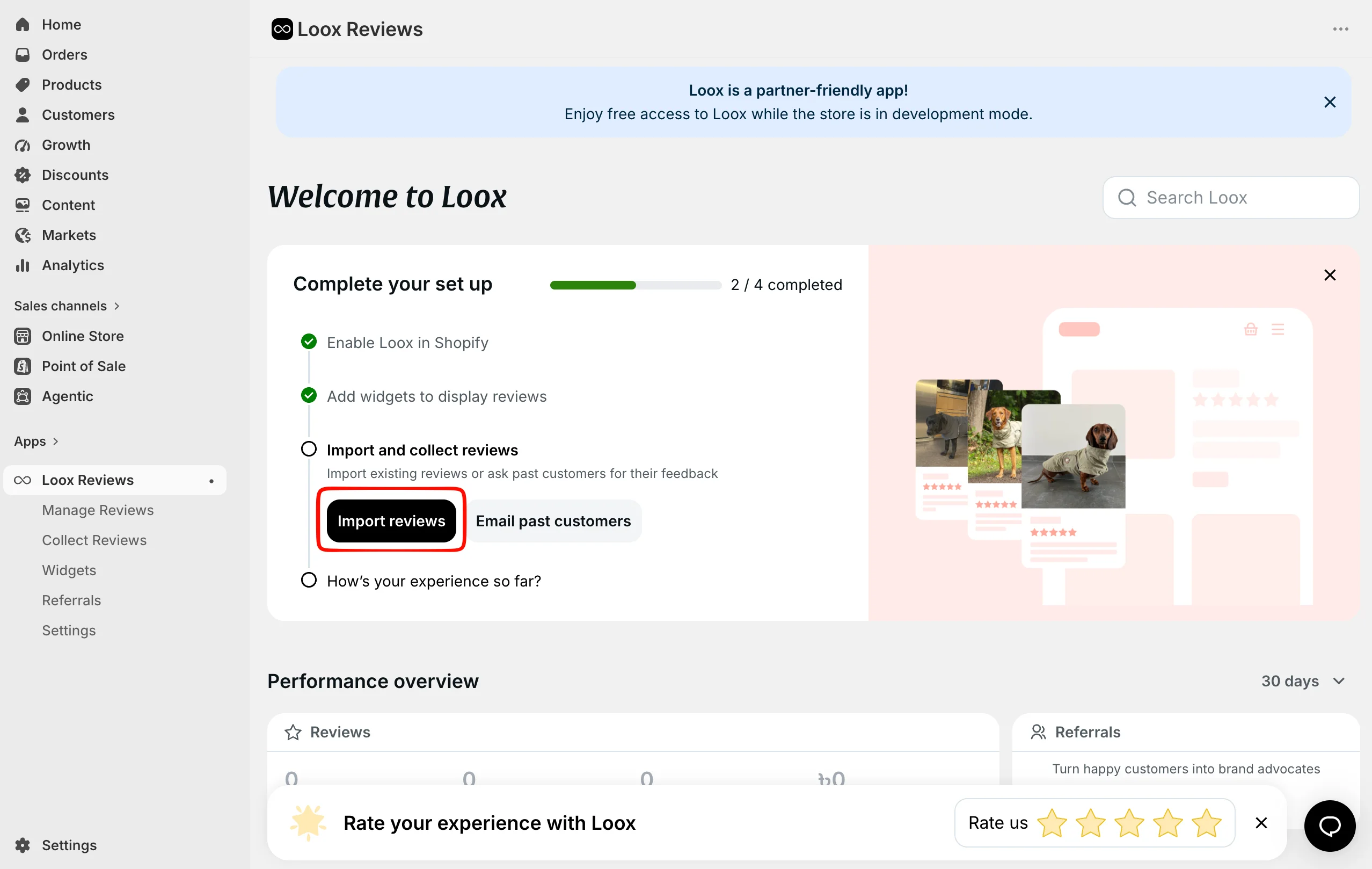 Loox dashboard showing development-store free access and a setup checklist with two of four steps completed