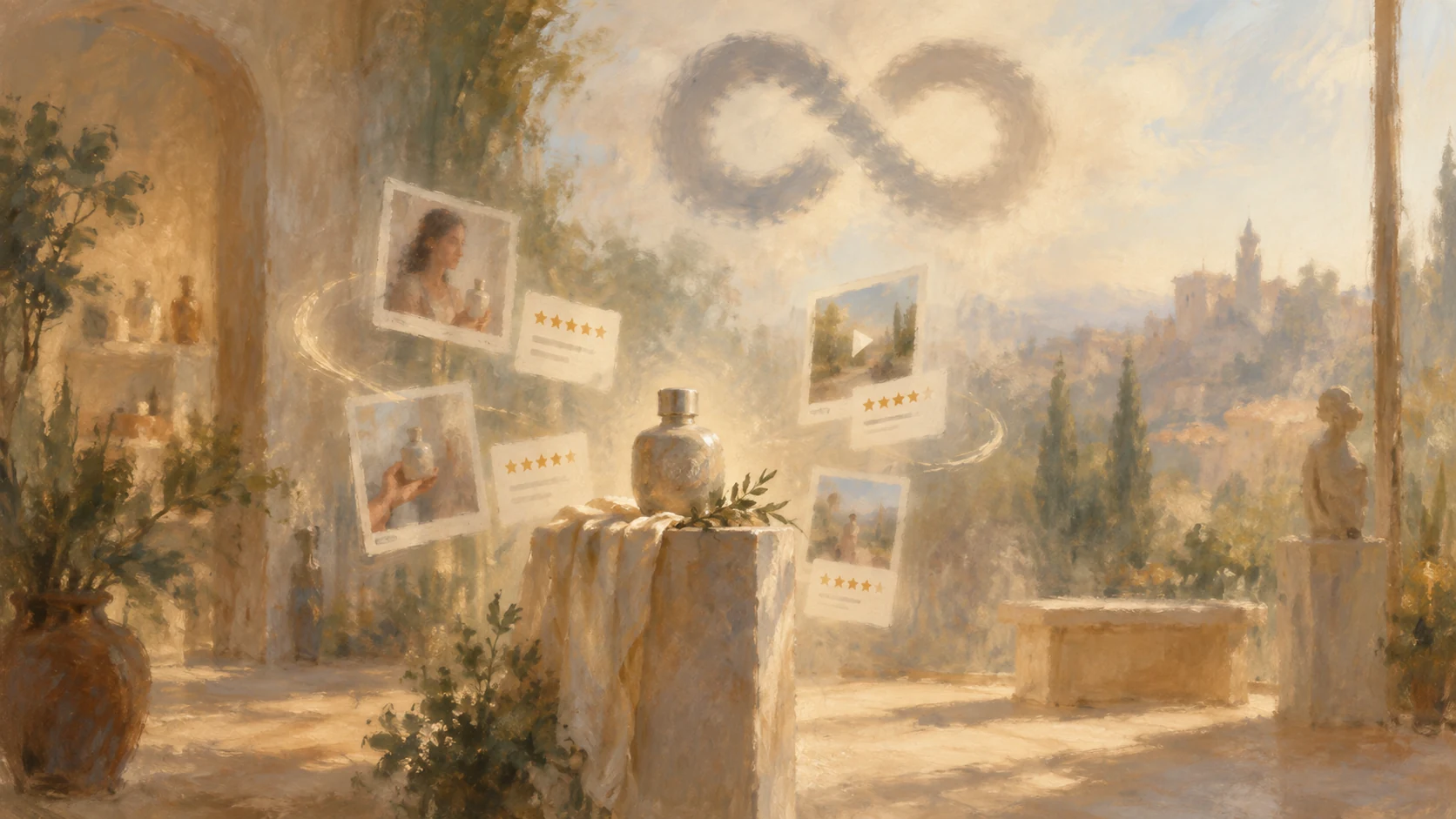A blurred vintage oil painting of floating customer review cards around a product pedestal beneath a softly painted infinity-shaped sky emblem.