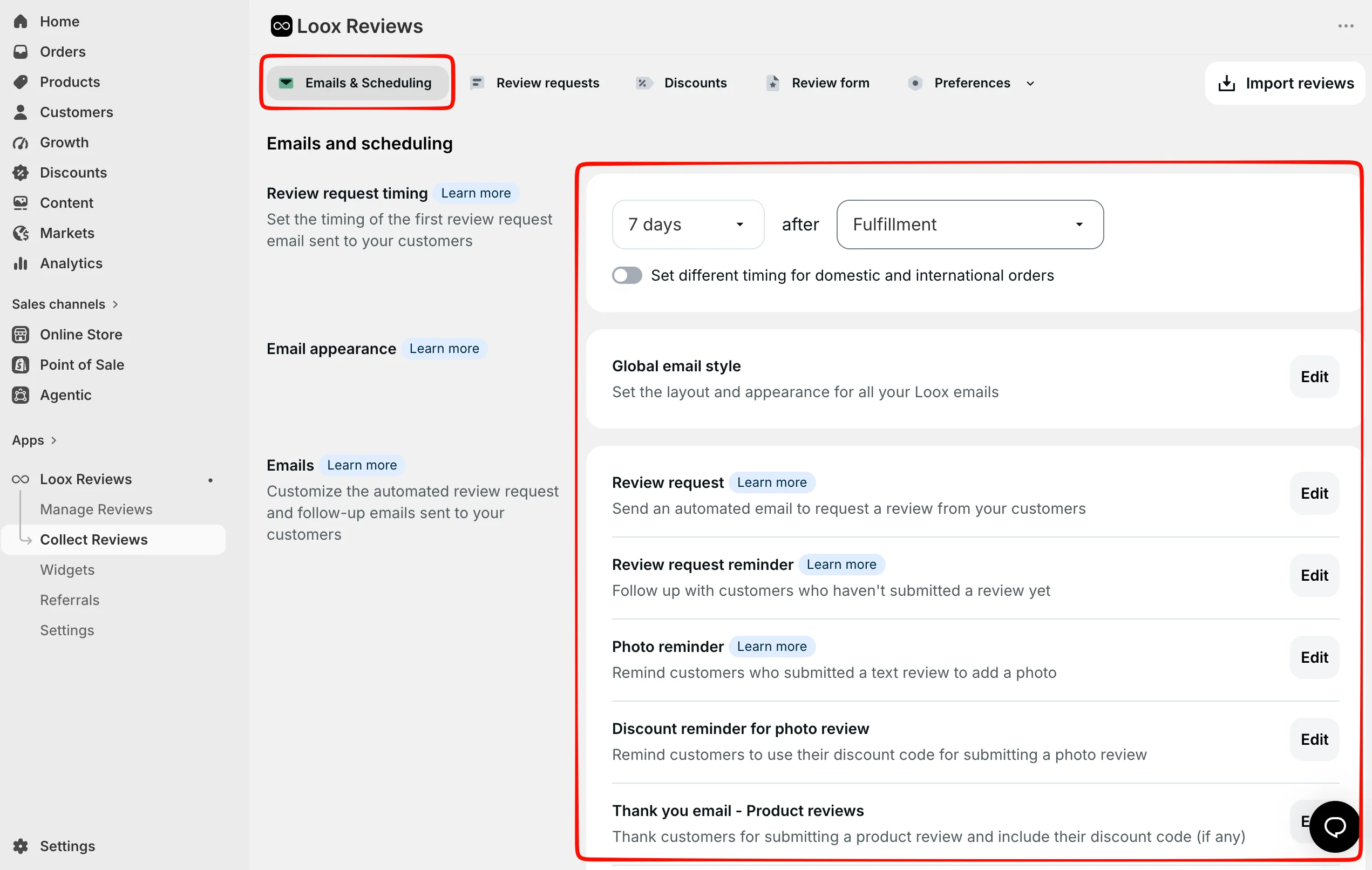 Loox email settings showing a seven-day delay after fulfillment and separate editors for review requests and follow-up emails
