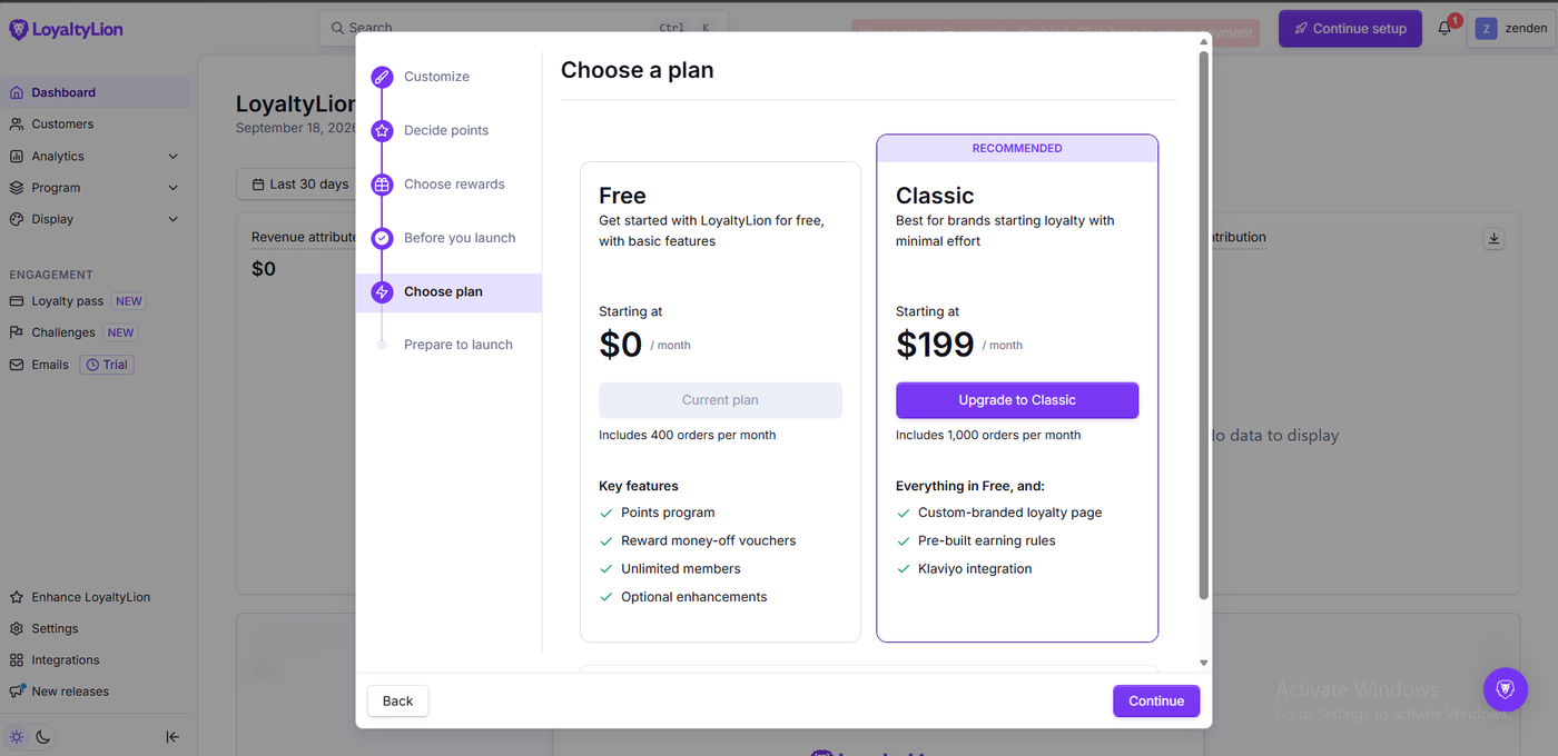 LoyaltyLion in-app plan selection showing the Free plan at zero dollars including 400 orders per month as the current plan, beside the recommended Classic plan at 199 dollars a month including 1,000 orders