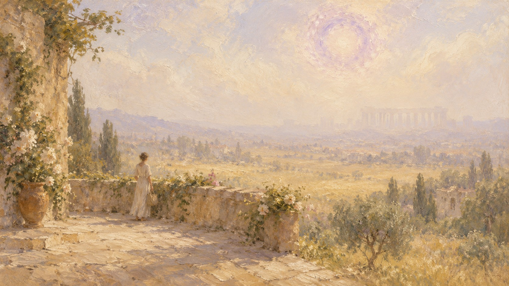 A hazy painterly figure standing at the low wall of a sunlit stone terrace, looking out over a long pale valley toward a distant colonnade dissolving into haze, beneath a soft violet ring-shaped sky emblem
