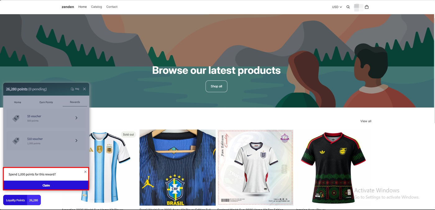 LoyaltyLion widget Rewards tab listing a 5 dollar voucher for 500 points and a 10 dollar voucher for 1,000 points, with a confirmation prompt asking whether to spend 1,000 points for this reward and a Claim button