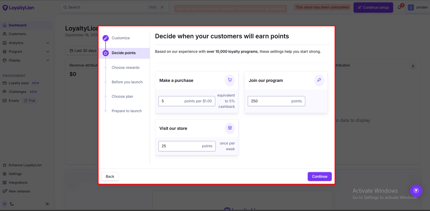 LoyaltyLion setup wizard step two, Decide when your customers will earn points, showing 5 points per dollar equivalent to 5 percent cashback, 250 points for joining the program, and 25 points for visiting the store once per week