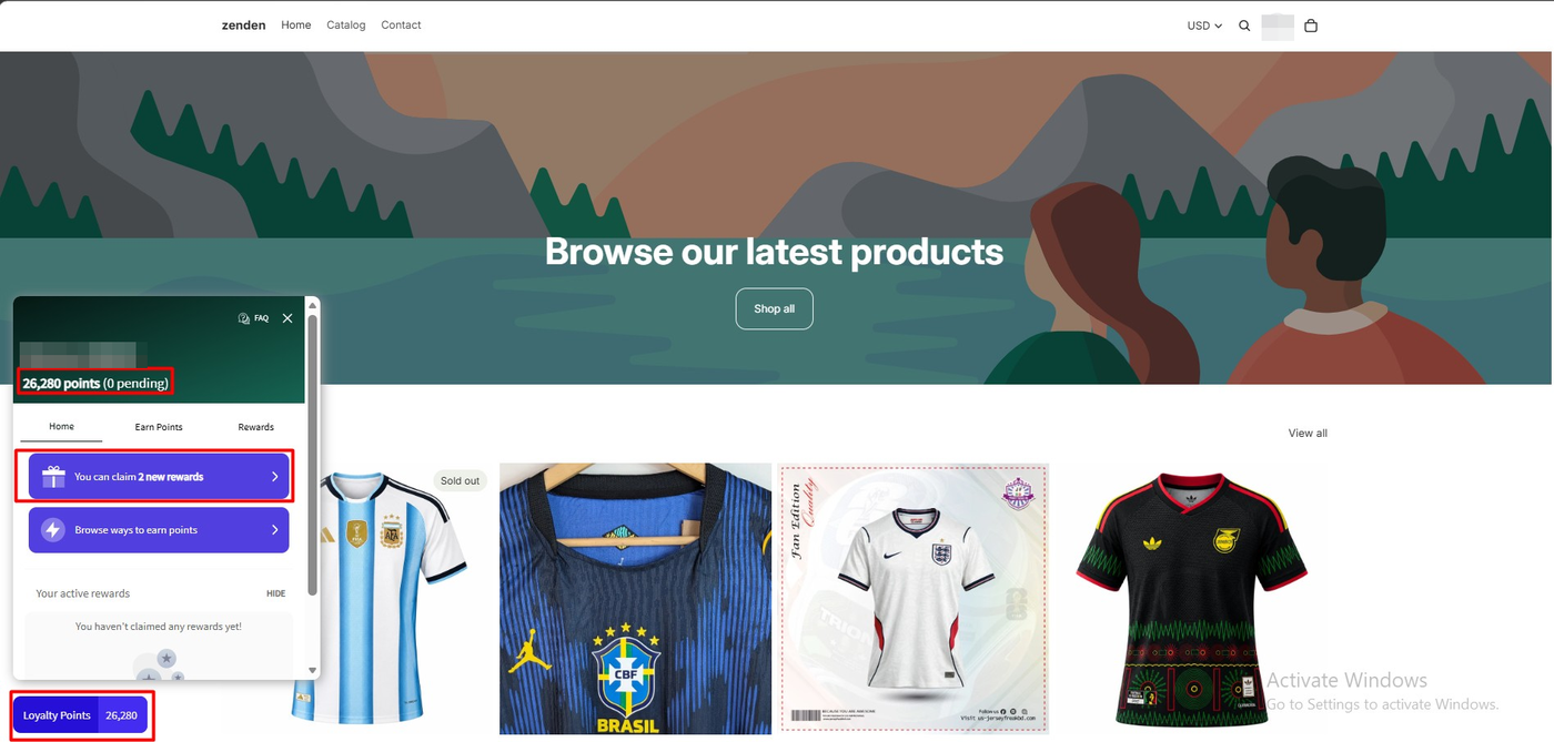 LoyaltyLion storefront widget open on a Shopify store showing a balance of 26,280 points with zero pending, a prompt that two rewards can be claimed, and a Loyalty Points launcher at the bottom left