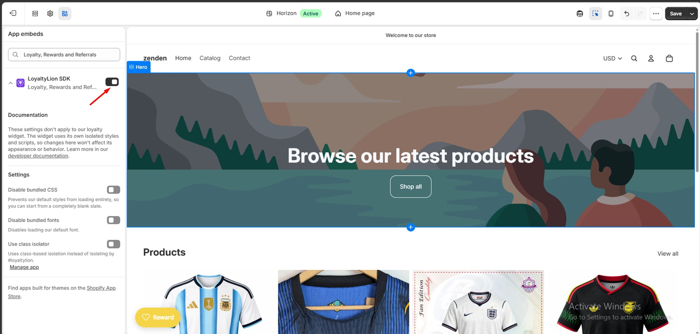 Shopify theme editor showing the LoyaltyLion SDK app embed with a documentation note that the settings do not apply to the loyalty widget, and toggles for disable bundled CSS, disable bundled fonts, and use class isolator