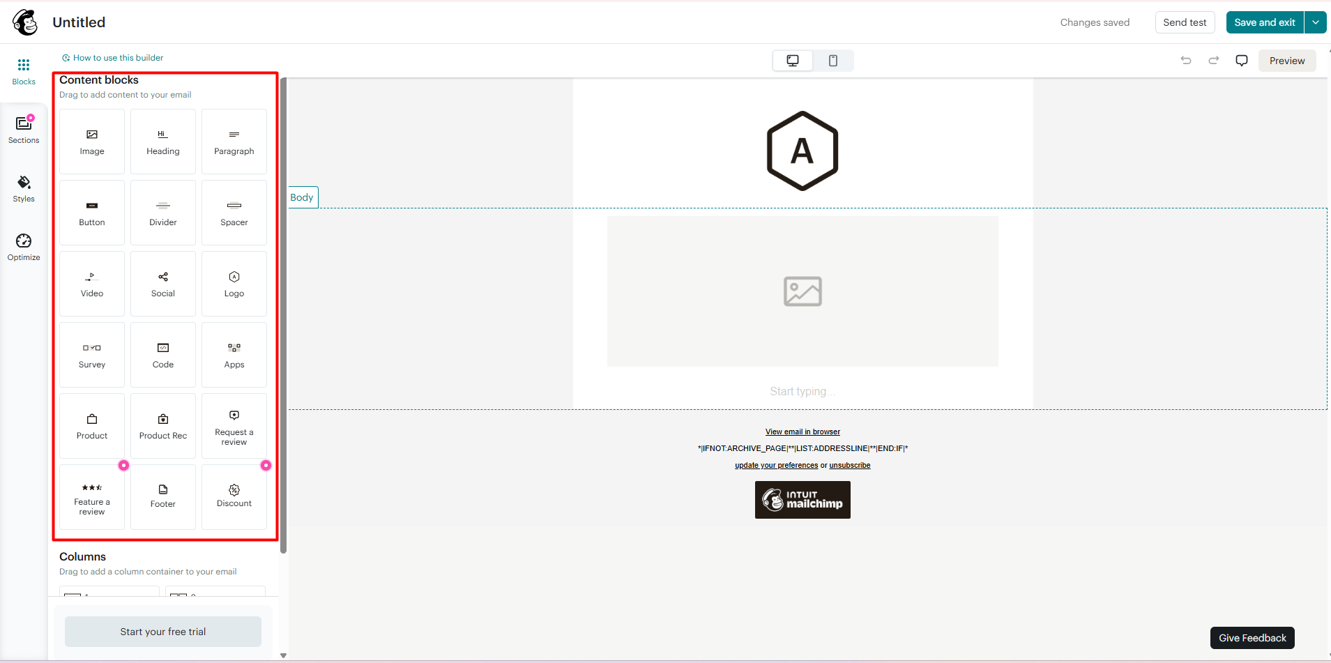 Mailchimp’s drag-and-drop email builder with content blocks for images, buttons, products, product recommendations, reviews, and discounts