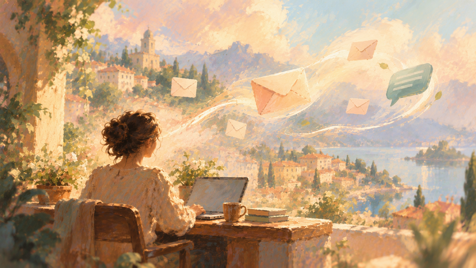An impressionist painting of a woman working on a laptop at a sunlit terrace table as envelopes and a chat bubble drift over a hillside town and lake.