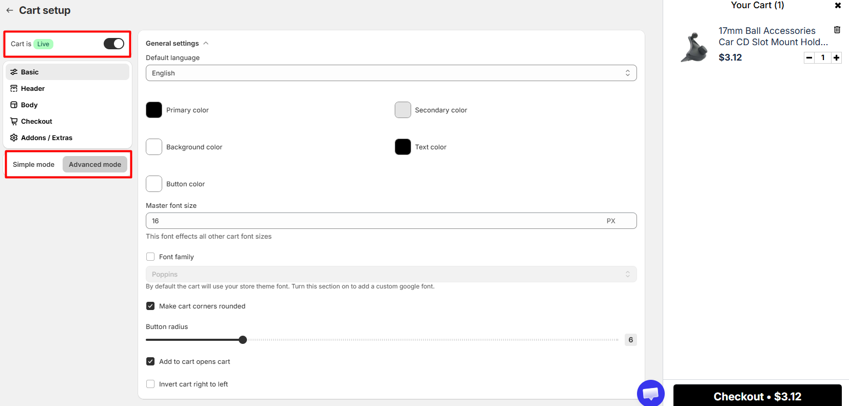 Monster Cart customization controls