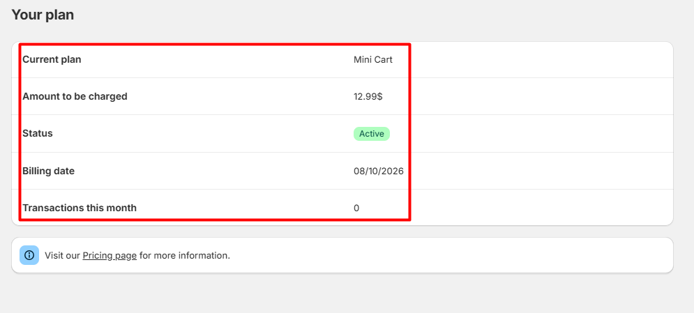 Monster Cart plan screen from our test account