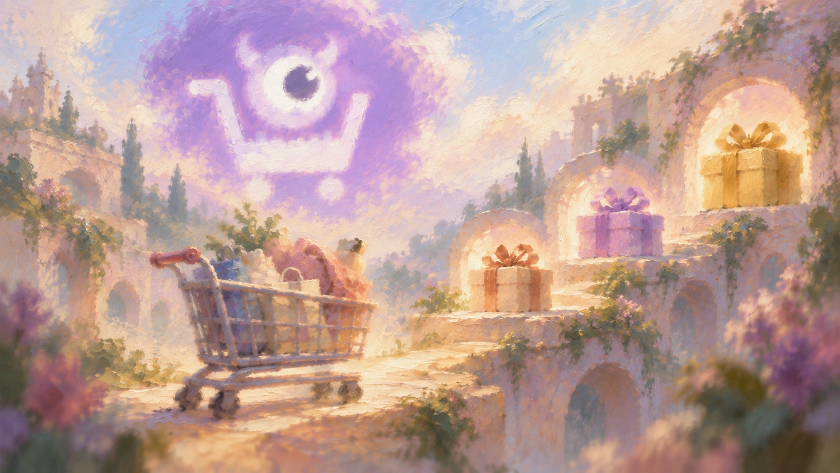 A soft impressionist oil painting of a shopping cart moving toward gift rewards beneath a blurred pastel monster-cart emblem in the sky.