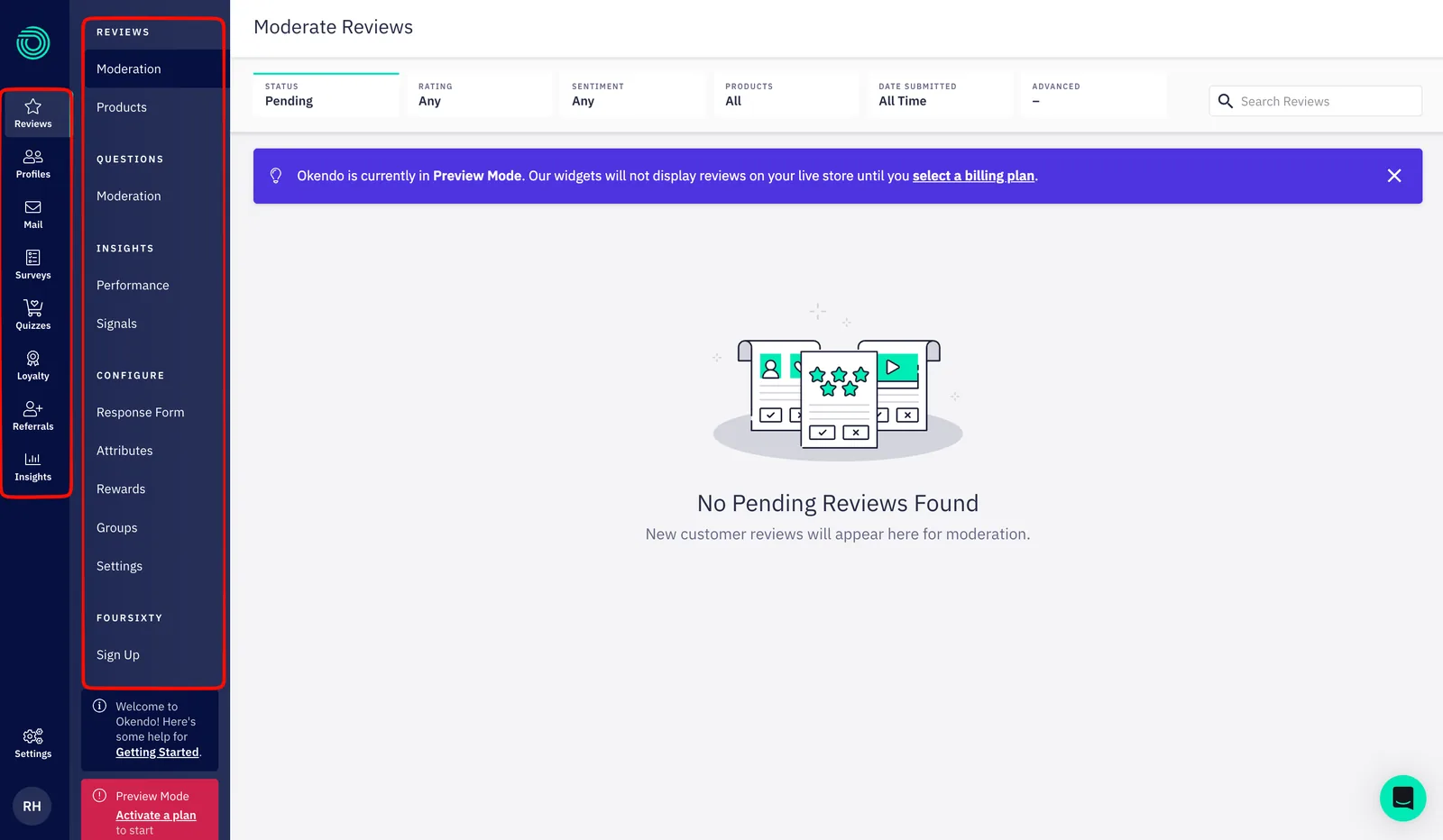Okendo admin Moderate Reviews screen showing an empty pending queue, a purple Preview Mode banner stating widgets will not display reviews on the live store until a billing plan is selected, and a left navigation with Reviews, Profiles, Mail, Surveys, Quizzes, Loyalty, Referrals and Insights