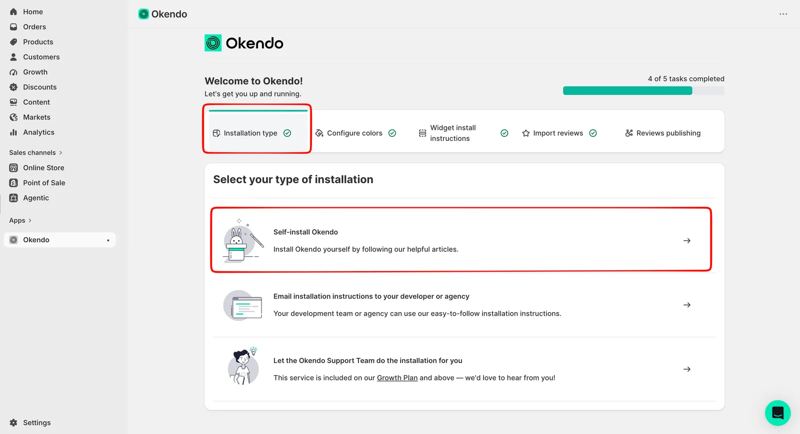 Okendo onboarding first step titled Select your type of installation with three options: Self-install Okendo, Email installation instructions to your developer or agency, and Let the Okendo Support Team do the installation for you, the last marked as included on the Growth Plan and above