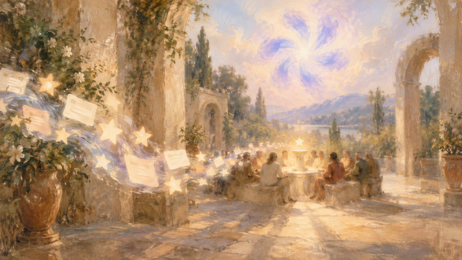 A painted sunlit terrace where glowing star-rated review cards drift on a ribbon of light toward a gathering seated around a table, beneath a soft violet pinwheel formation in the sky.