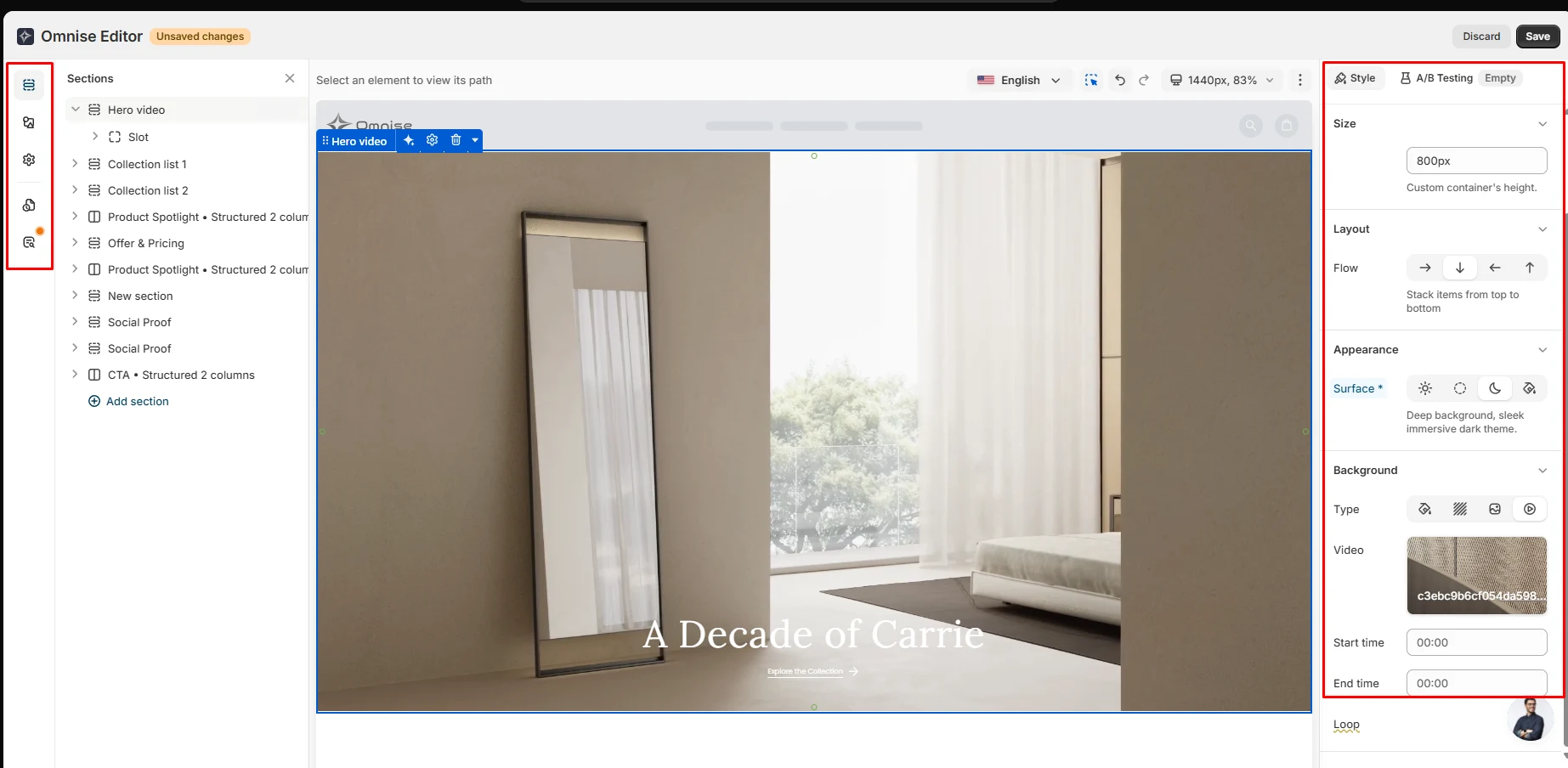 Omnise editor showing a template’s section tree alongside size, layout, appearance and background video controls