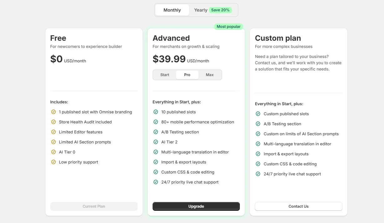 Omnise in-app pricing screen showing Free, Advanced at $39.99 per month, and a custom plan