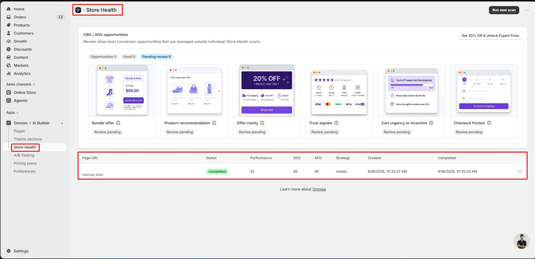Omnise Store Health results showing performance, SEO and AEO scores above six CRO opportunities marked review pending