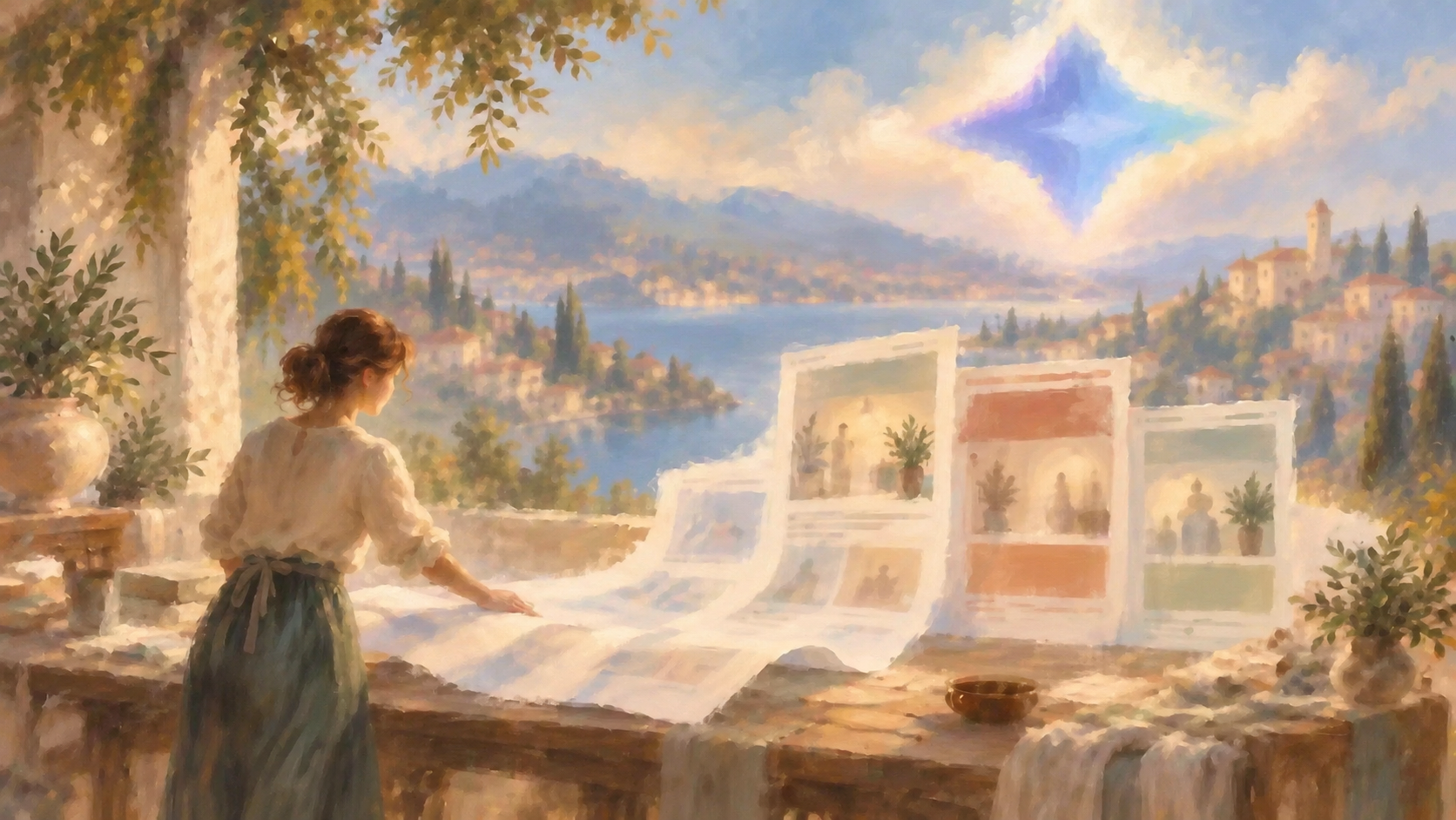 A merchant shaping soft page layouts into storefronts beneath an Omnise-inspired pastel sky emblem