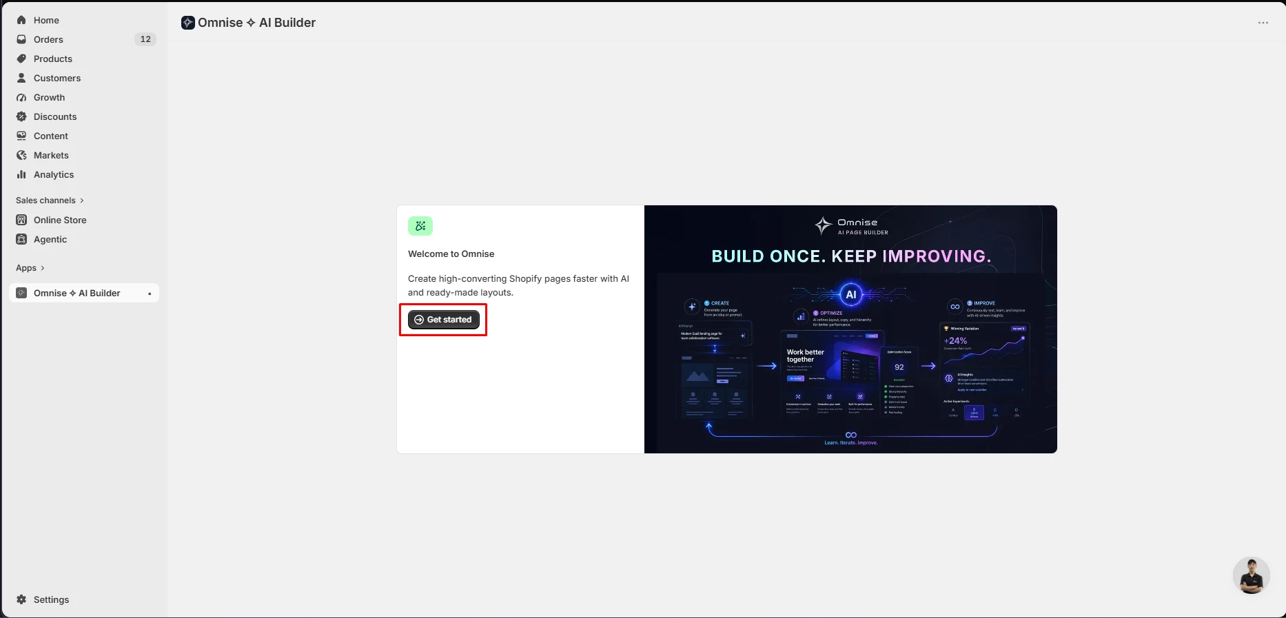 The Omnise AI Builder welcome screen in the Shopify admin with a single Get started button