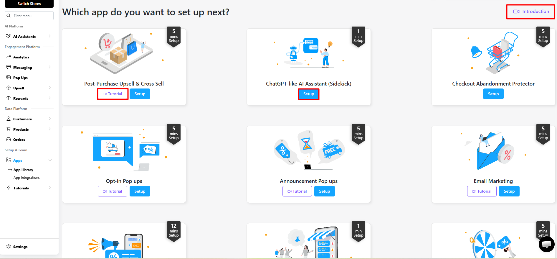 ONE app library showing setup cards for post-purchase upsell, AI assistant, checkout abandonment, pop-ups and email marketing with estimated setup times