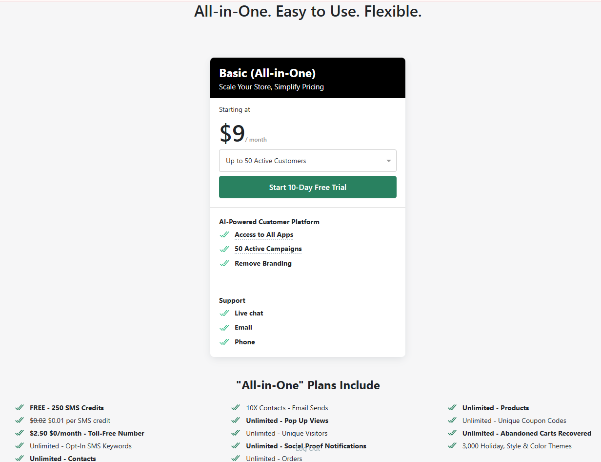 ONE Basic All-in-One plan starting at $9 per month for up to 50 active customers with a 10-day free trial and the list of included features