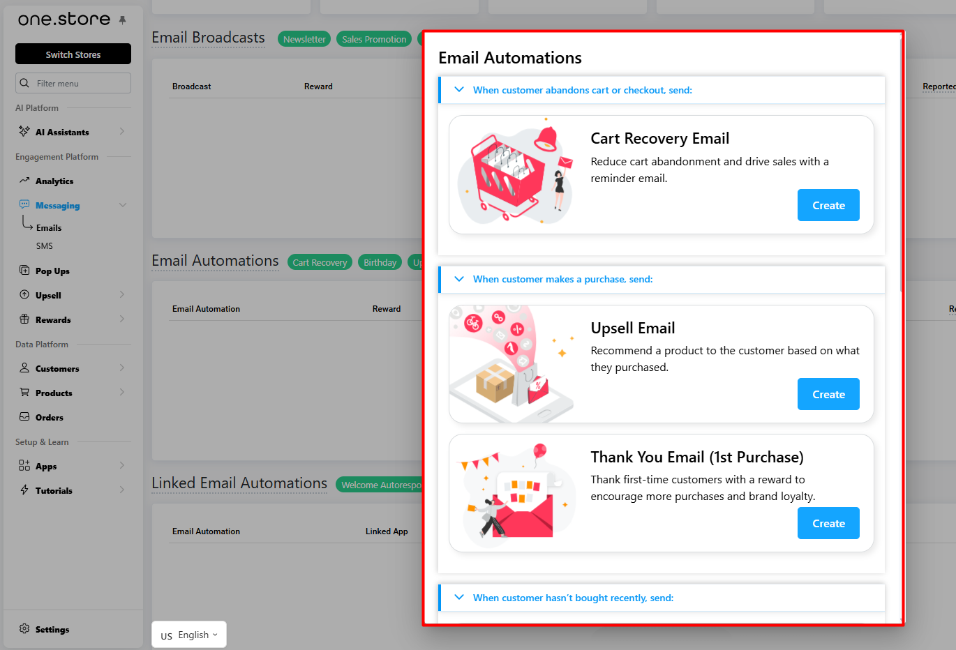 ONE Email Automations picker grouping Cart Recovery, Upsell and Thank You emails under the customer action that triggers them