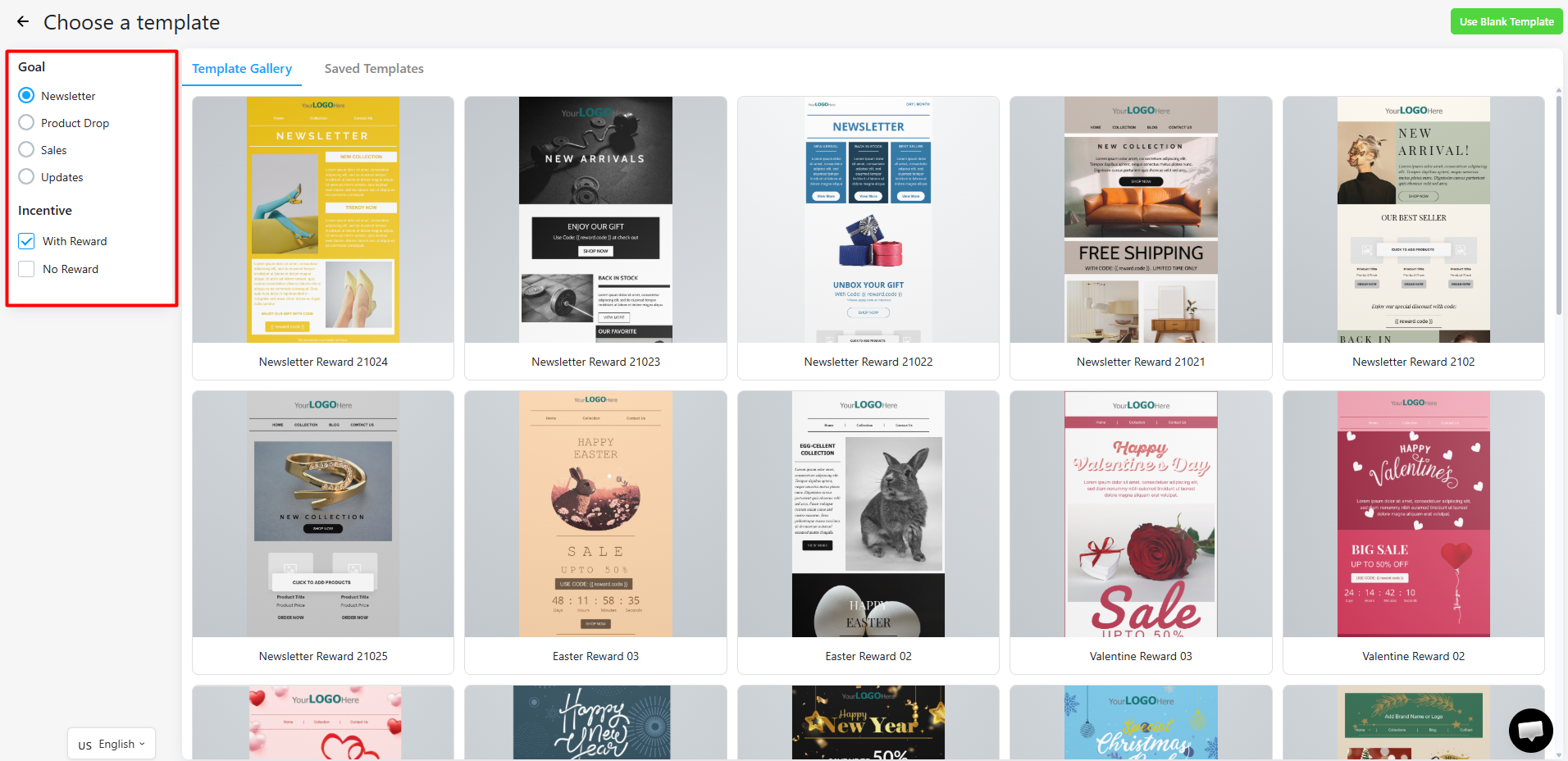 ONE email template gallery with Goal filters for Newsletter, Product Drop, Sales and Updates and an Incentive filter for With Reward or No Reward