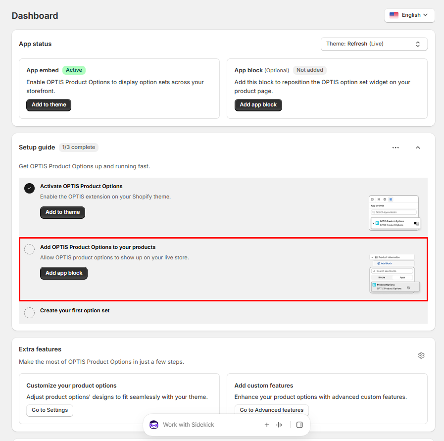 OPTIS Product Options dashboard with app embed active, app block not added, a three-step setup guide at 1 of 3 complete, and Extra features cards