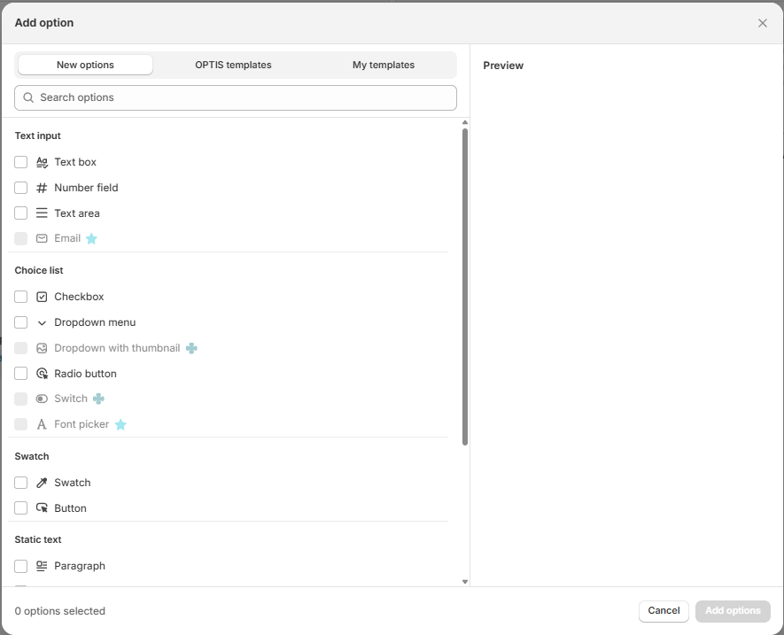 OPTIS Product Options Add option window listing text input, choice list, swatch, and static text option types, with some marked as paid