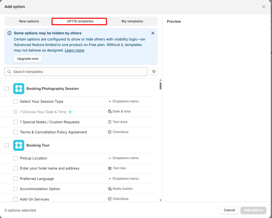 OPTIS templates tab with Booking Photography Session and Booking Tour templates, and a notice that visibility logic is limited to one product on the Free plan