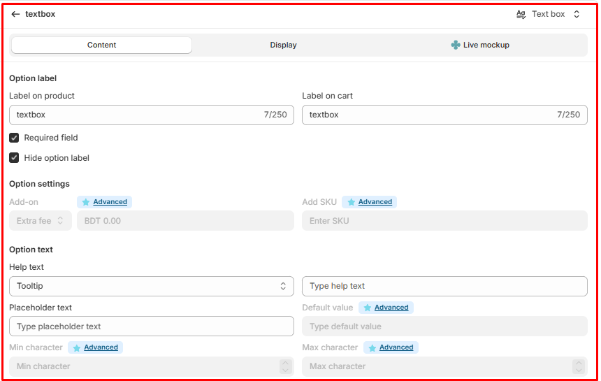 OPTIS text box Content settings with labels on product and cart, required and hide label checkboxes, and Add-on, SKU, default value, and character limit settings marked Advanced