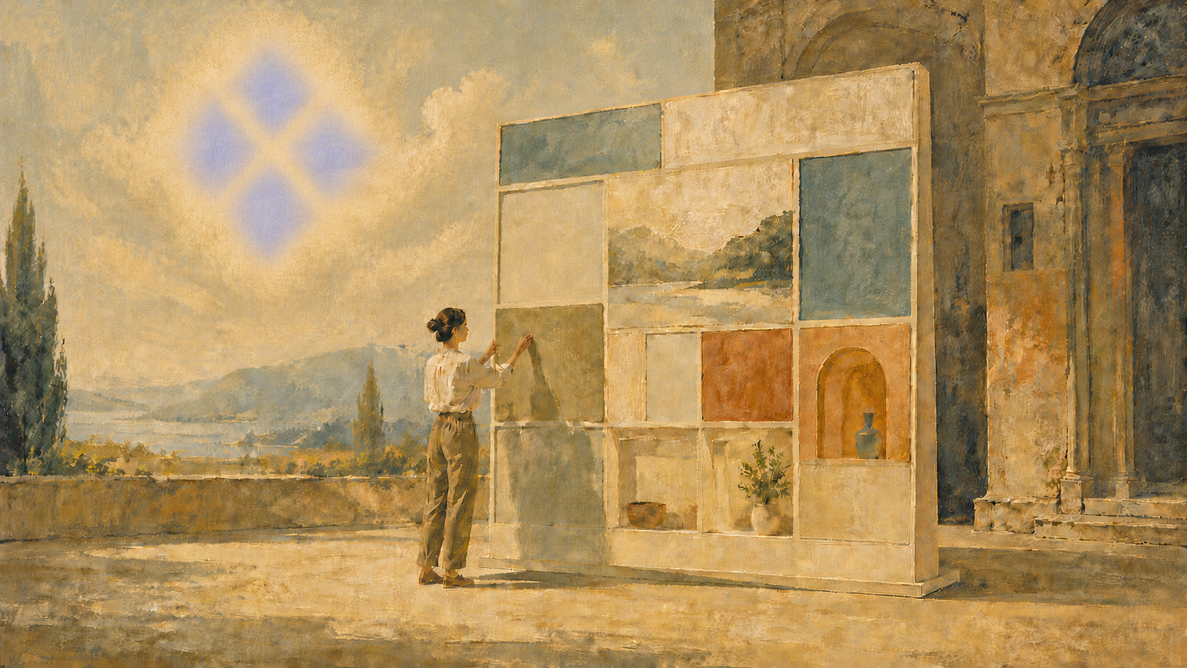 A painterly page-building scene beneath a recognizable diamond-tile formation in the sky