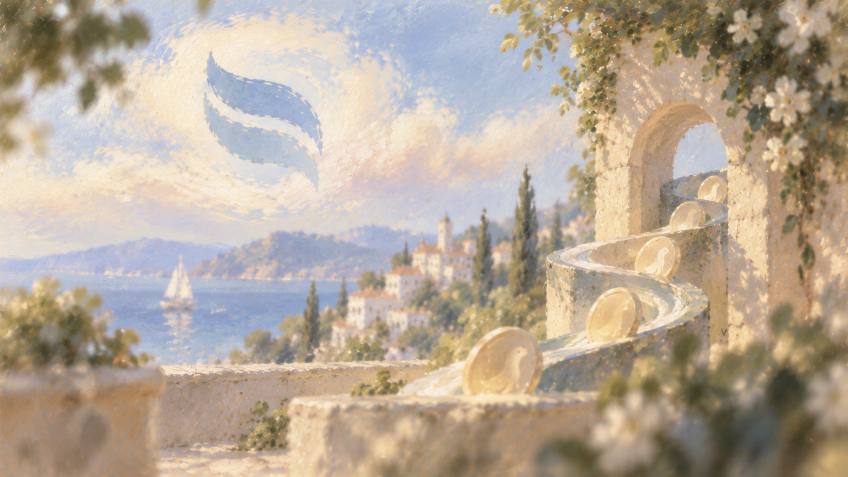 A painted Mediterranean terrace where pale coins roll along a curving stone channel beneath an archway, overlooking a hillside town and sailboat, with a soft blue swirl emblem in the sky