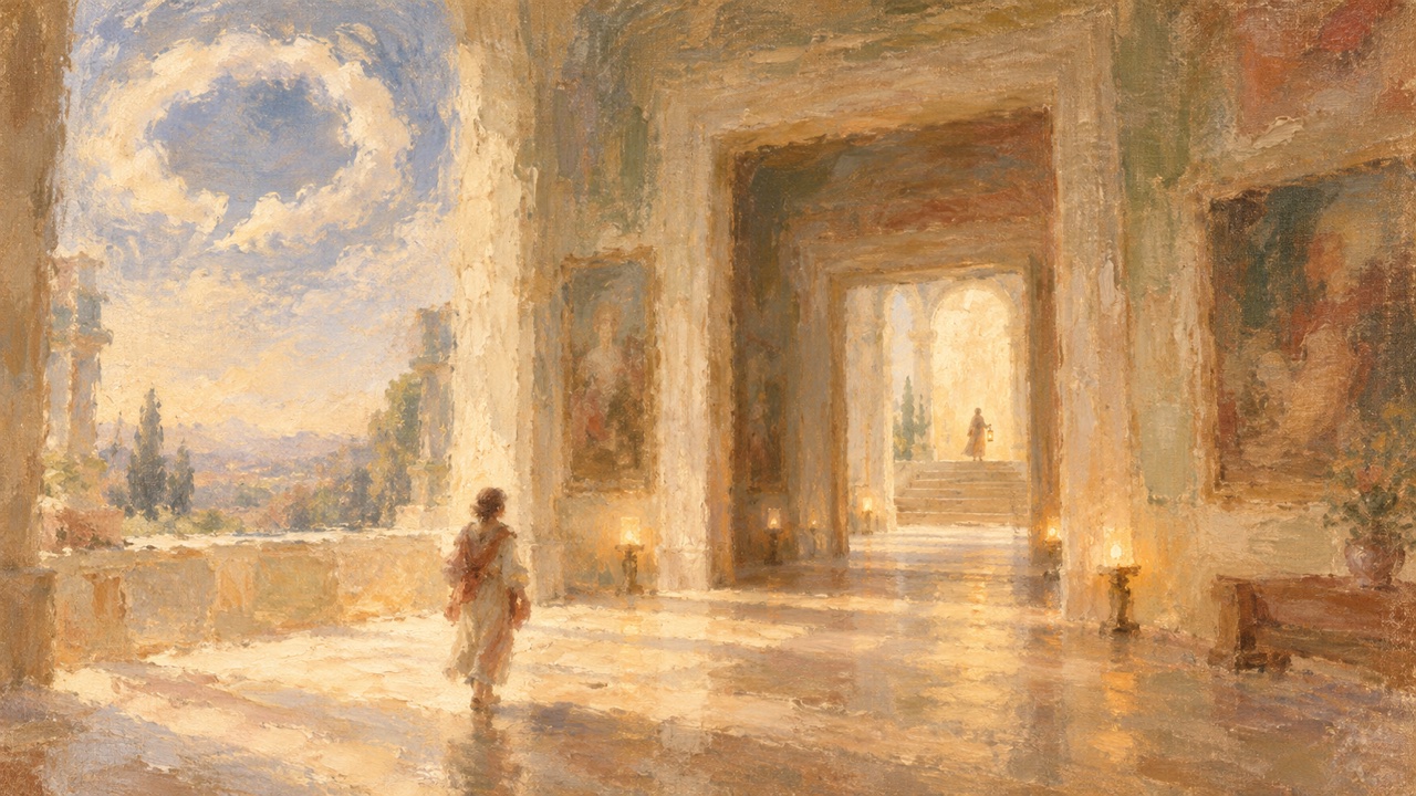 A soft vintage oil painting of a small figure in a cream robe walking across a sunlit marble gallery floor, with an open balcony onto cypress trees and hazy hills at the left, a ring-shaped white cloud in a blue sky, and a row of doorways lined with small glowing floor lamps leading to a flight of steps where a second figure holds a lantern in a bright arched opening.