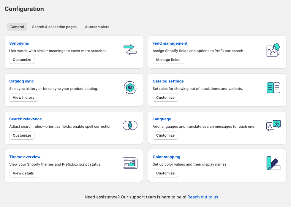 Prefixbox Configuration page with General, Search & collection pages and Autocomplete tabs, and cards for Synonyms, Field management, Catalog sync, Catalog settings, Search relevance, Language, Theme overview and Color mapping