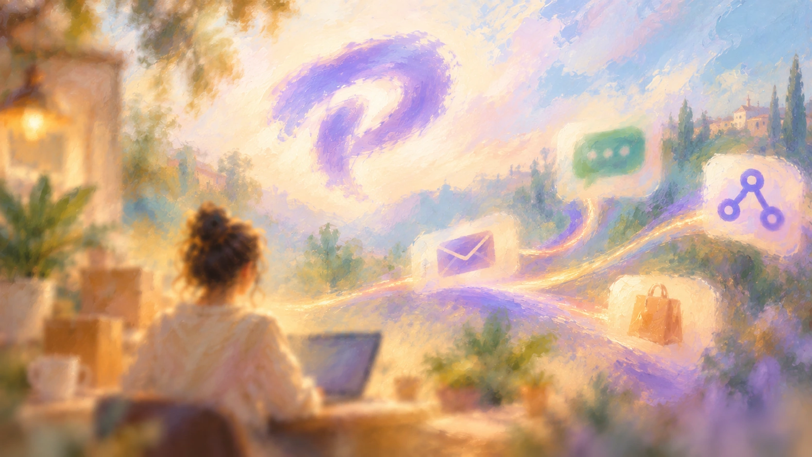 A soft impressionist painting of a merchant using connected ecommerce marketing tools beneath a blurred Privy-inspired sky emblem.