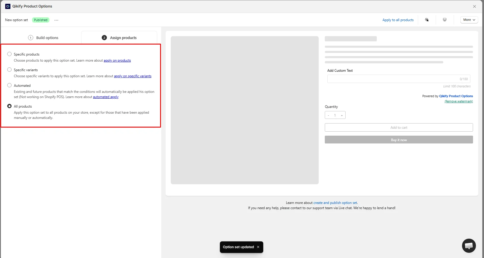 Qikify Product Options Assign products step with Specific products, Specific variants, Automated, and All products choices, and a live preview of the Add Custom Text field with a Powered by Qikify Product Options line and a Remove watermark link