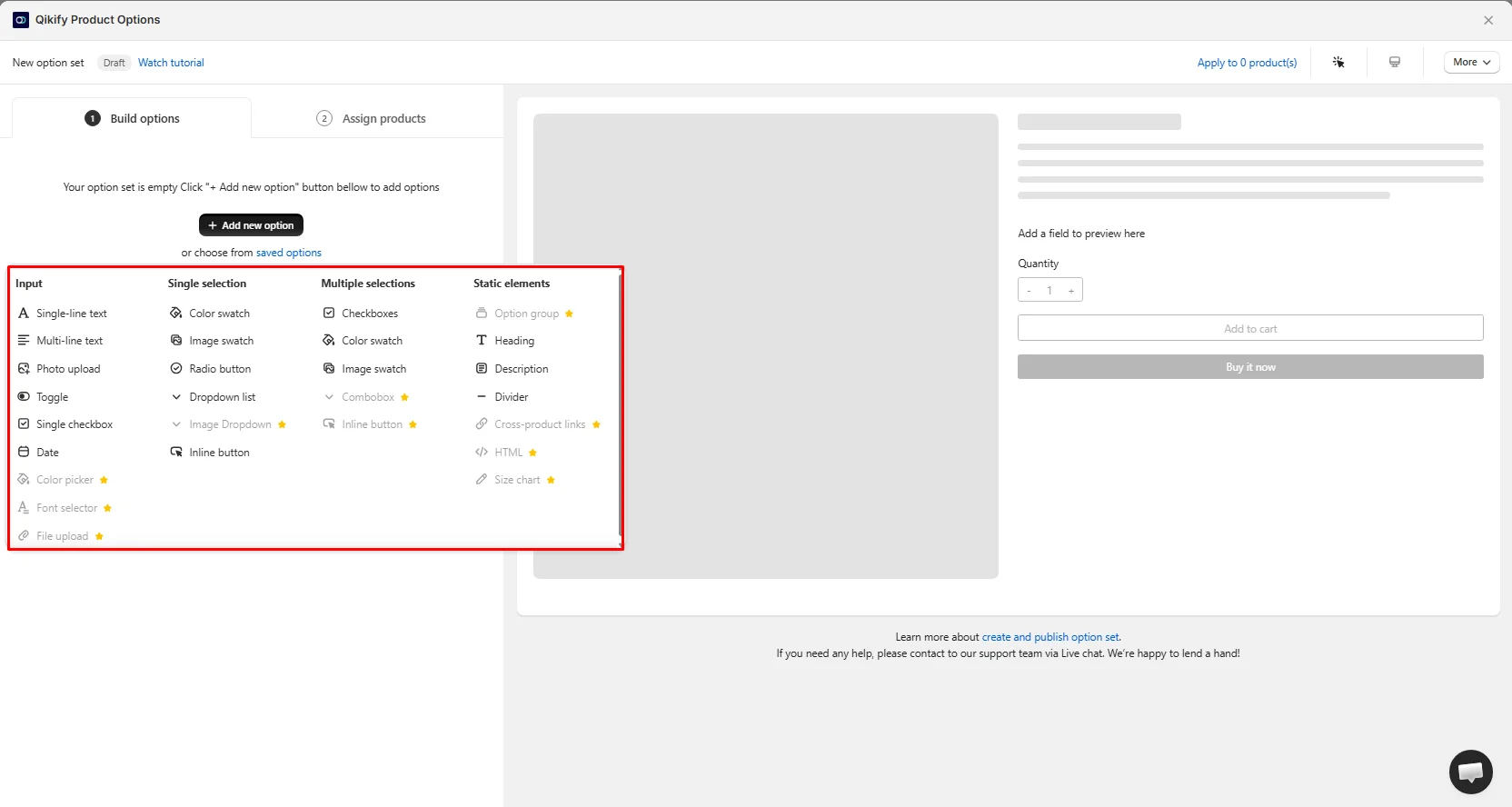 Qikify Product Options editor showing the option type picker with Input, Single selection, Multiple selections, and Static elements columns, with some types greyed out and marked with a star
